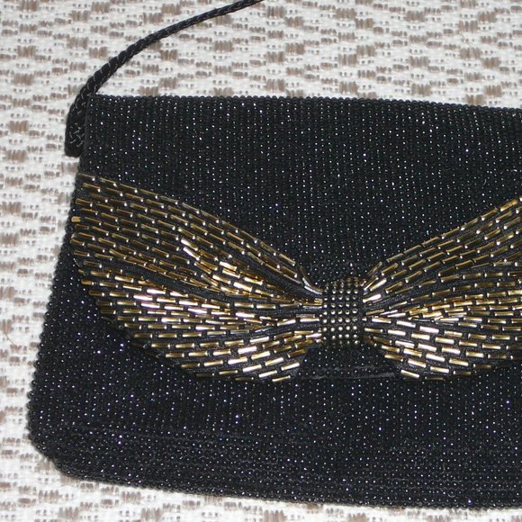 Vintage Black Beaded Evening Bag Gold Bow Holiday - Picture 4 of 9